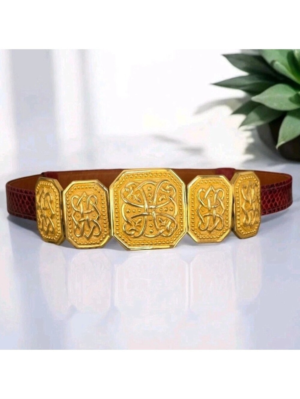 Vintage Alexis Kirk Red Snakeskin Leather Belt Gold Tone Panel Buckle Adjustable